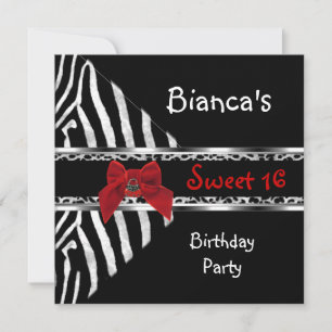 Invitación Sweet 16 Red Silver Black Zebra Leopard Birthday