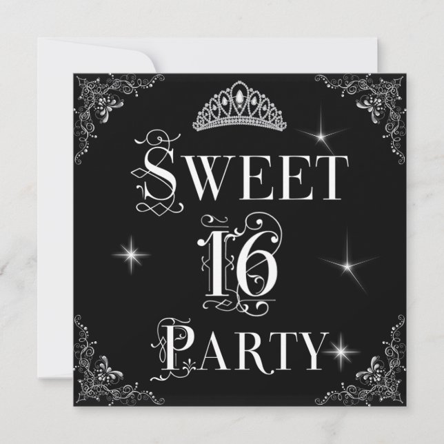 Invitación Sweet 16 Regal Black White Silver Tiara (Anverso)