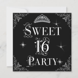 Invitación Sweet 16 Regal Black White Silver Tiara
