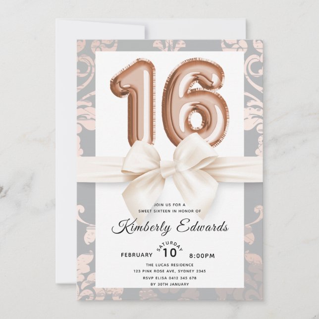 Invitación Sweet 16 Rosa de lujo Globos de oro (Anverso)