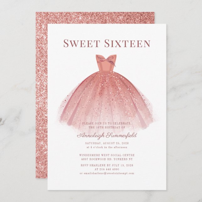Invitación Sweet 16 Rosa Gold Script Modern (Anverso / Reverso)