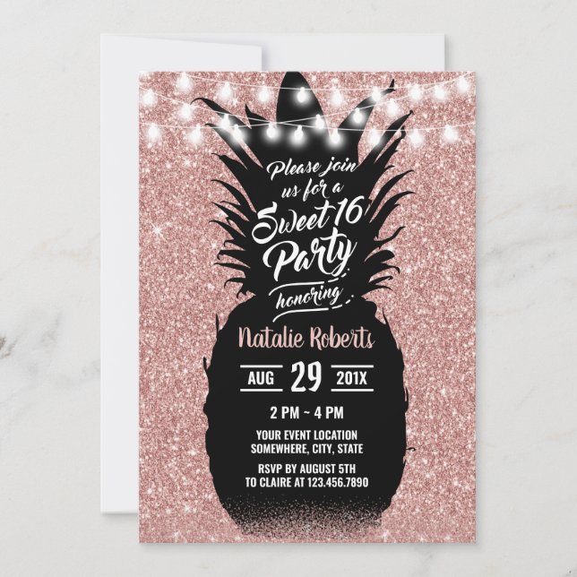 Invitación Sweet 16 Rosa moderno Purpurina oro piña (Anverso)