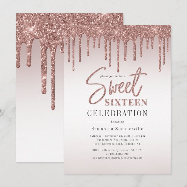 Invitación Sweet 16 Rosa Purpurina de oro Script fiesta de cu (Anverso / Reverso)