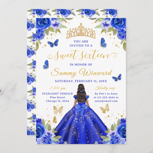 Invitación Sweet 16 Royal Blue Princess African American Girl (Anverso / Reverso)