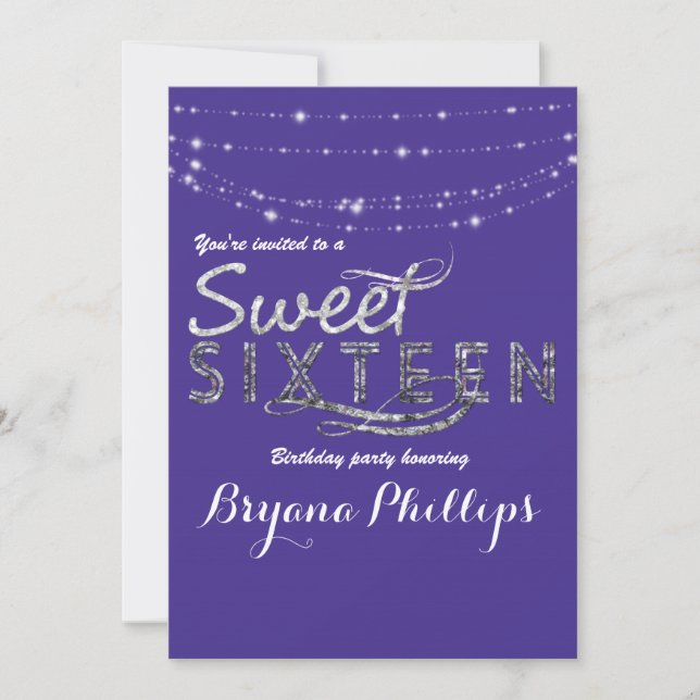 Invitación Sweet 16 Royal Blue Purpurina Sliver Fiesta Glam (Anverso)