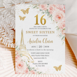 Invitación Sweet 16 Rubor Floral Paris Eiffel Champagne