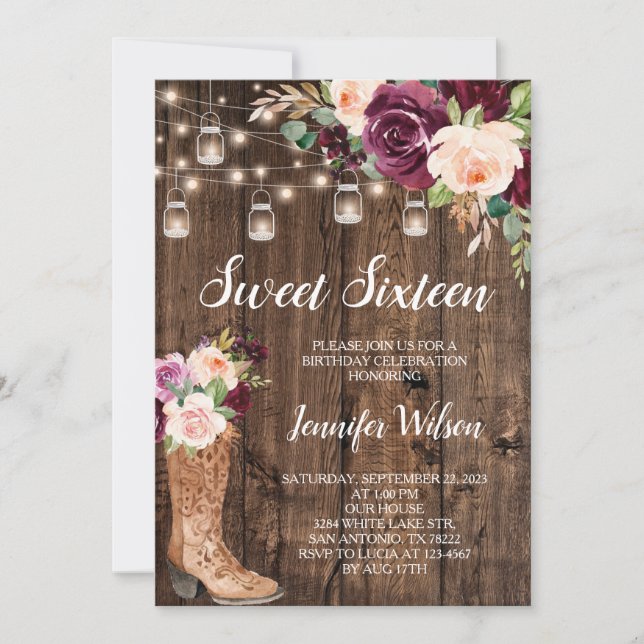 Invitación Sweet 16 Rustic Boho Floral String Lights Invitati (Anverso)