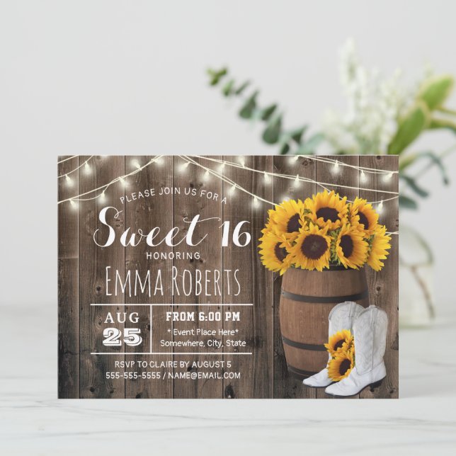 Invitación Sweet 16 Rustic Sunflower Barrel Country Cowgirl (Anverso de pie)