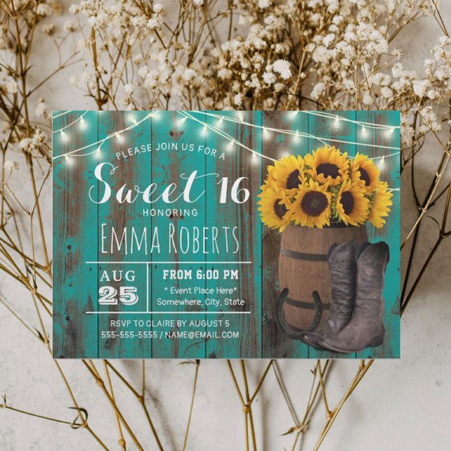 Invitación Sweet 16 Rustic Sunflower Verde azulada Cowgirl Oc (Subido por el creador)