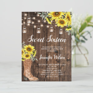 Invitación Sweet 16 Rustic Sunflowers String Lights