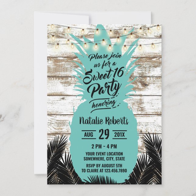 Invitación Sweet 16 Rustic Tropical Beach Verde azulada Pinea (Anverso)