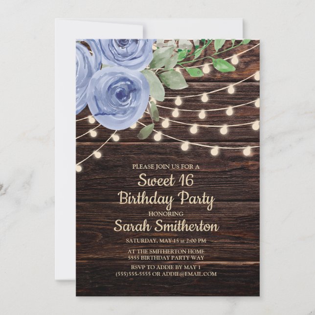 Invitación Sweet 16 Rustic Wood String Lights Blue Floral (Anverso)