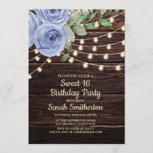 Invitación Sweet 16 Rustic Wood String Lights Blue Floral