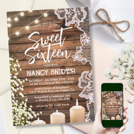 Invitación Sweet 16 Rustic Wood String Lights Modern