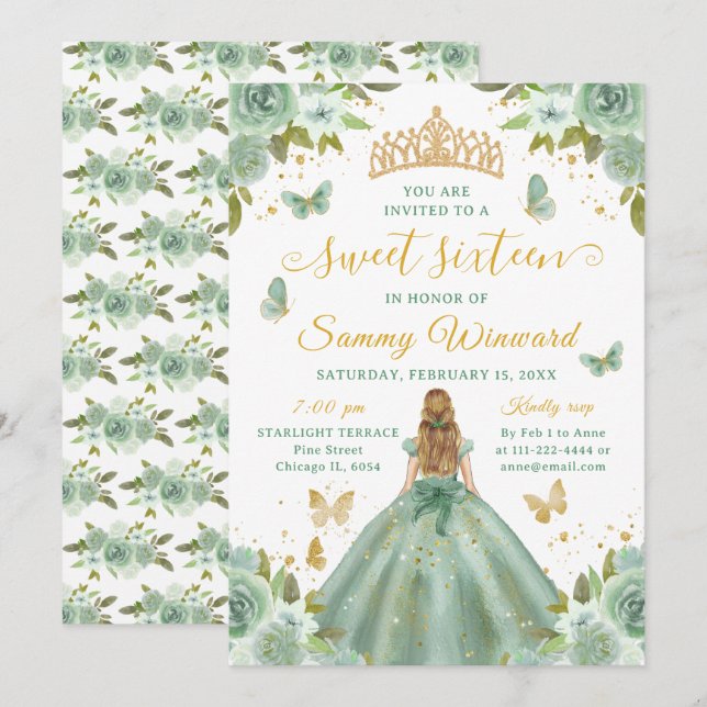 Invitación Sweet 16 Sage Green Princess Blonde Girl (Anverso / Reverso)