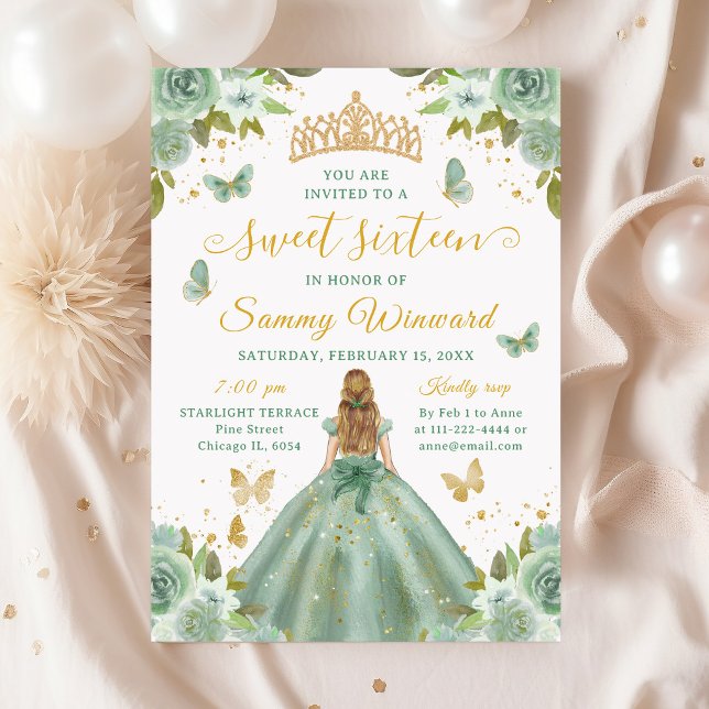 Invitación Sweet 16 Sage Green Princess Blonde Girl (Subido por el creador)
