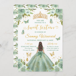 Invitación Sweet 16 Sage Green Princess Brunette Girl