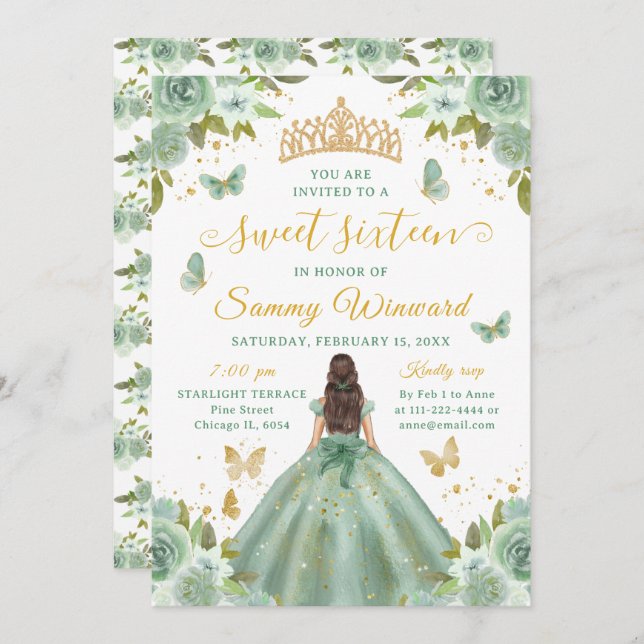 Invitación Sweet 16 Sage Green Princess Brunette Girl (Anverso / Reverso)