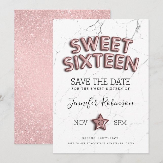 Invitación Sweet 16 Save The Date Rosa Gold Balloons Purpurin (Anverso / Reverso)