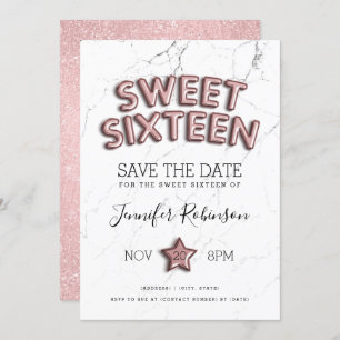 Invitación Sweet 16 Save The Date Rosa Gold Balloons Purpurin
