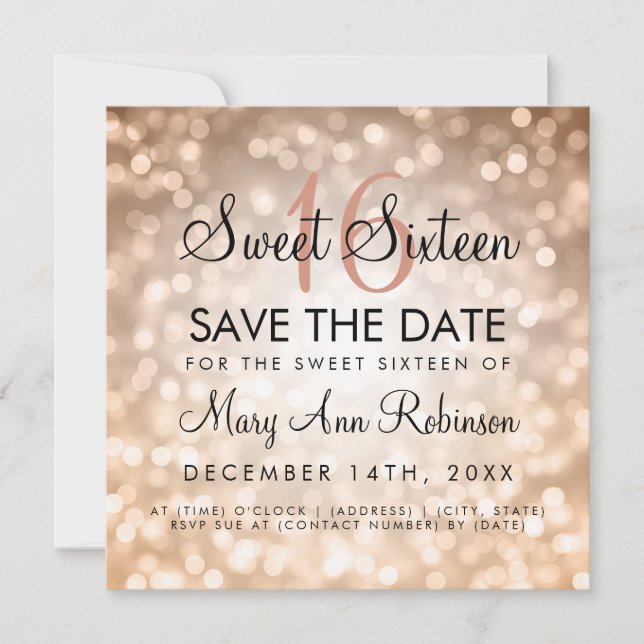 Invitación Sweet 16 Save The Date Rosa Gold Purpurina Lights (Anverso)
