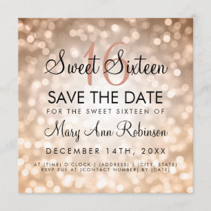 Invitación Sweet 16 Save The Date Rosa Gold Purpurina Lights