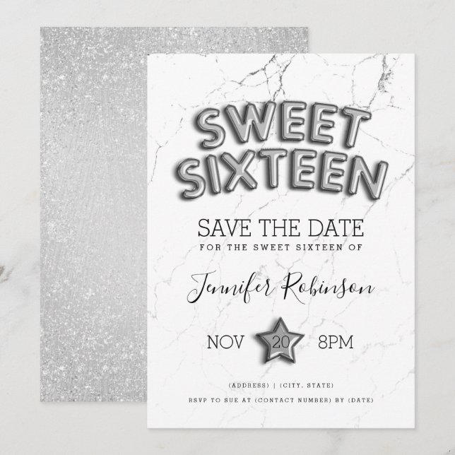 Invitación Sweet 16 Save The Date Silver Balloons Purpurina (Anverso / Reverso)