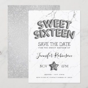 Invitación Sweet 16 Save The Date Silver Balloons Purpurina