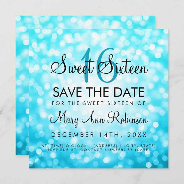 Invitación Sweet 16 Save The Date Turquoise Purpurina Lights (Anverso / Reverso)