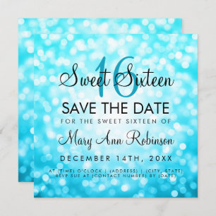 Invitación Sweet 16 Save The Date Turquoise Purpurina Lights