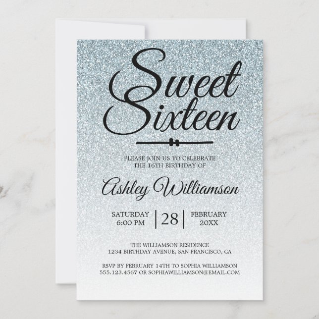 Invitación Sweet 16 Silver Purpurina Ombre 16th Birthday (Anverso)