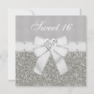 Invitación Sweet 16 Silver Purpurina & Sparkle Heart Invita