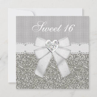 Invitación Sweet 16 Silver Purpurina & Sparkle Heart Invita