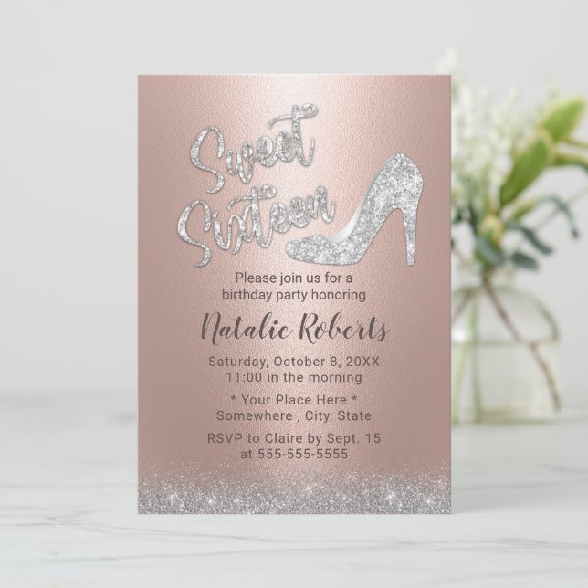 Invitación Sweet 16 Silver y Rosa Purpurina de oro Chica Cump (Anverso de pie)