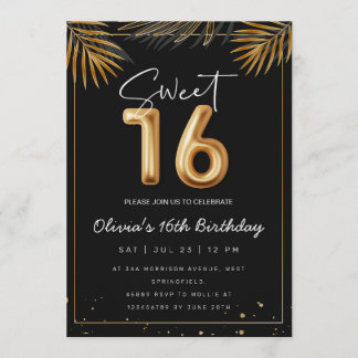Invitación Sweet 16 Sixteenth With Golden Tropical Leaves