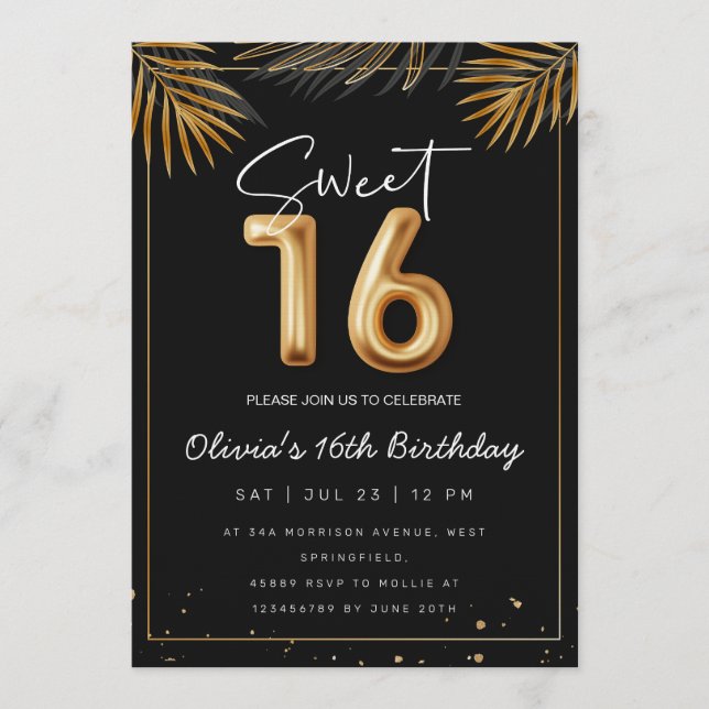Invitación Sweet 16 Sixteenth With Golden Tropical Leaves (Anverso)
