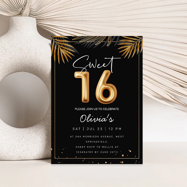 Invitación Sweet 16 Sixteenth With Golden Tropical Leaves (Subido por el creador)