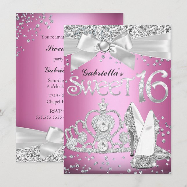 Invitación Sweet 16 Sparkle Tiara & Tacones Rosa (Anverso / Reverso)