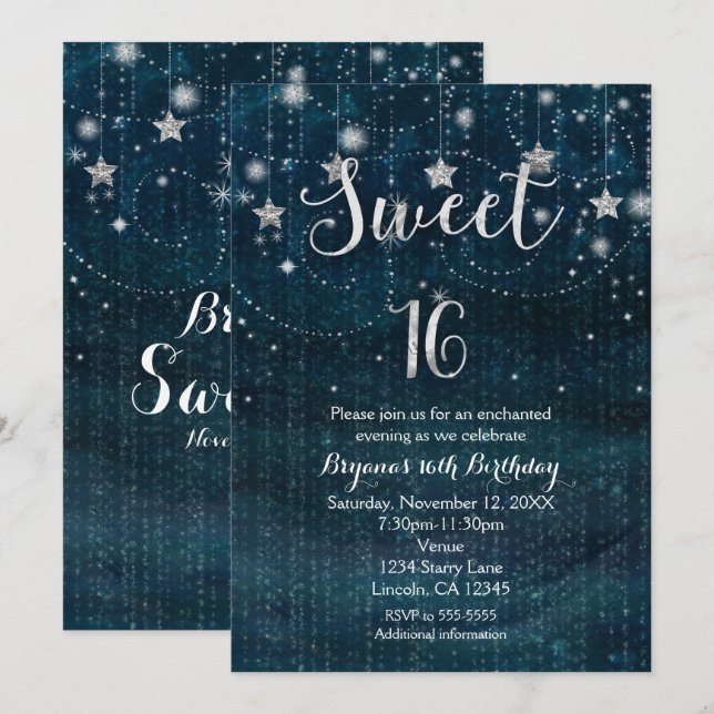 Invitación Sweet 16 Starry Night plateada y azul (Anverso / Reverso)