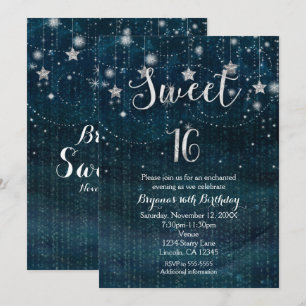 Invitación Sweet 16 Starry Night plateada y azul
