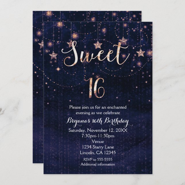 Invitación Sweet 16 Starry Night Purple & Gold Invitation (Anverso / Reverso)