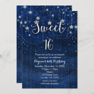 Invitación Sweet 16 Starry Night Silver & Blue Invitation