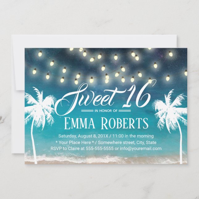Invitación Sweet 16 String Lights Summer Beach Palm Trees (Anverso)