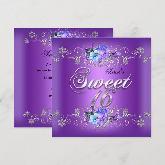 Invitación Sweet 16 Sweet 16 Flores Púrpura Blancas (Anverso / Reverso)