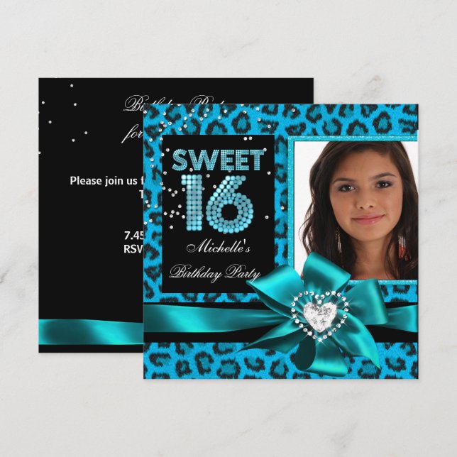 Invitación Sweet 16 Sweet Sixteen Blue Leopard Photo (Anverso / Reverso)