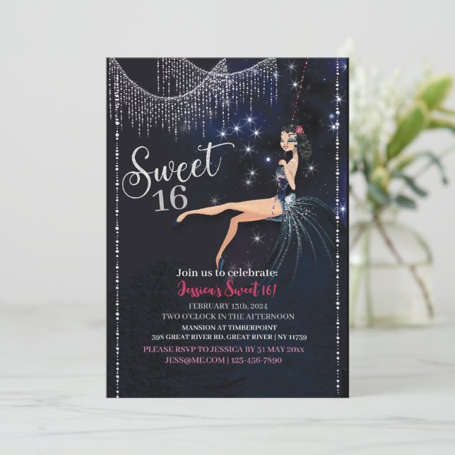 Invitación Sweet 16 Swing Girl With Silver Disco Glitter (Anverso de pie)