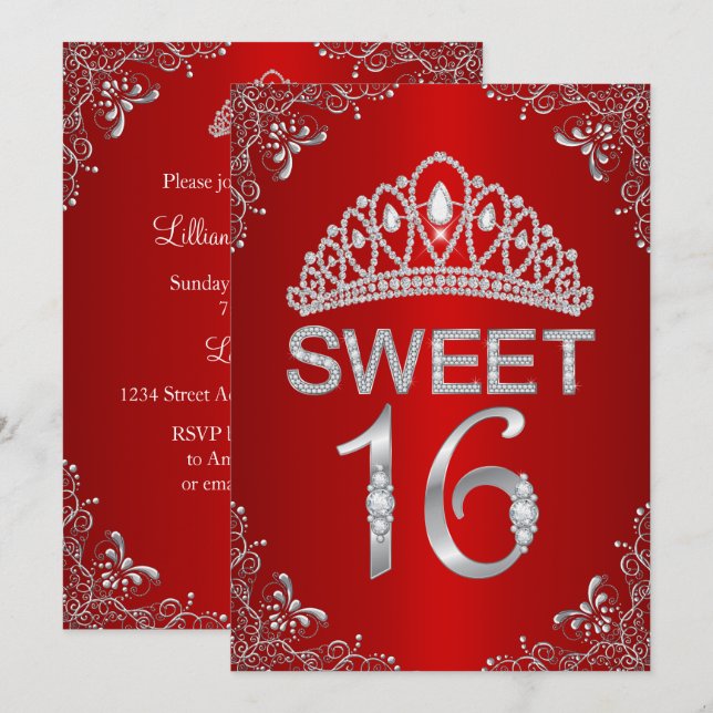 Invitación Sweet 16 Tiara de Diamante con Brillo R (Anverso / Reverso)