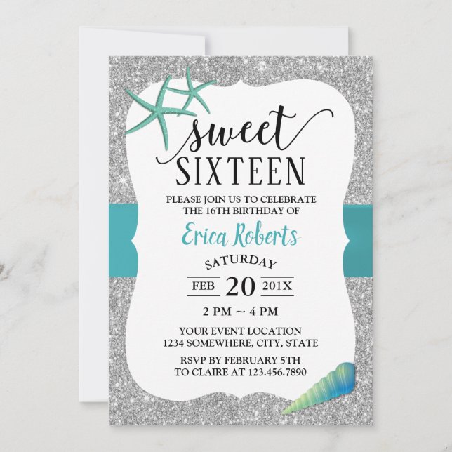 Invitación Sweet 16 Turquoise Beach Starfish Plata moderna (Anverso)