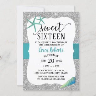 Invitación Sweet 16 Turquoise Beach Starfish Plata moderna