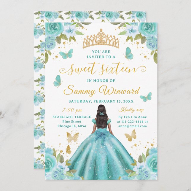 Invitación Sweet 16 Turquoise Princess African American Girl (Anverso / Reverso)